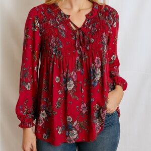 Suzanne Betro Red Floral Smocked Blouse Long Sleeve Ruffle Cuffs Size Large